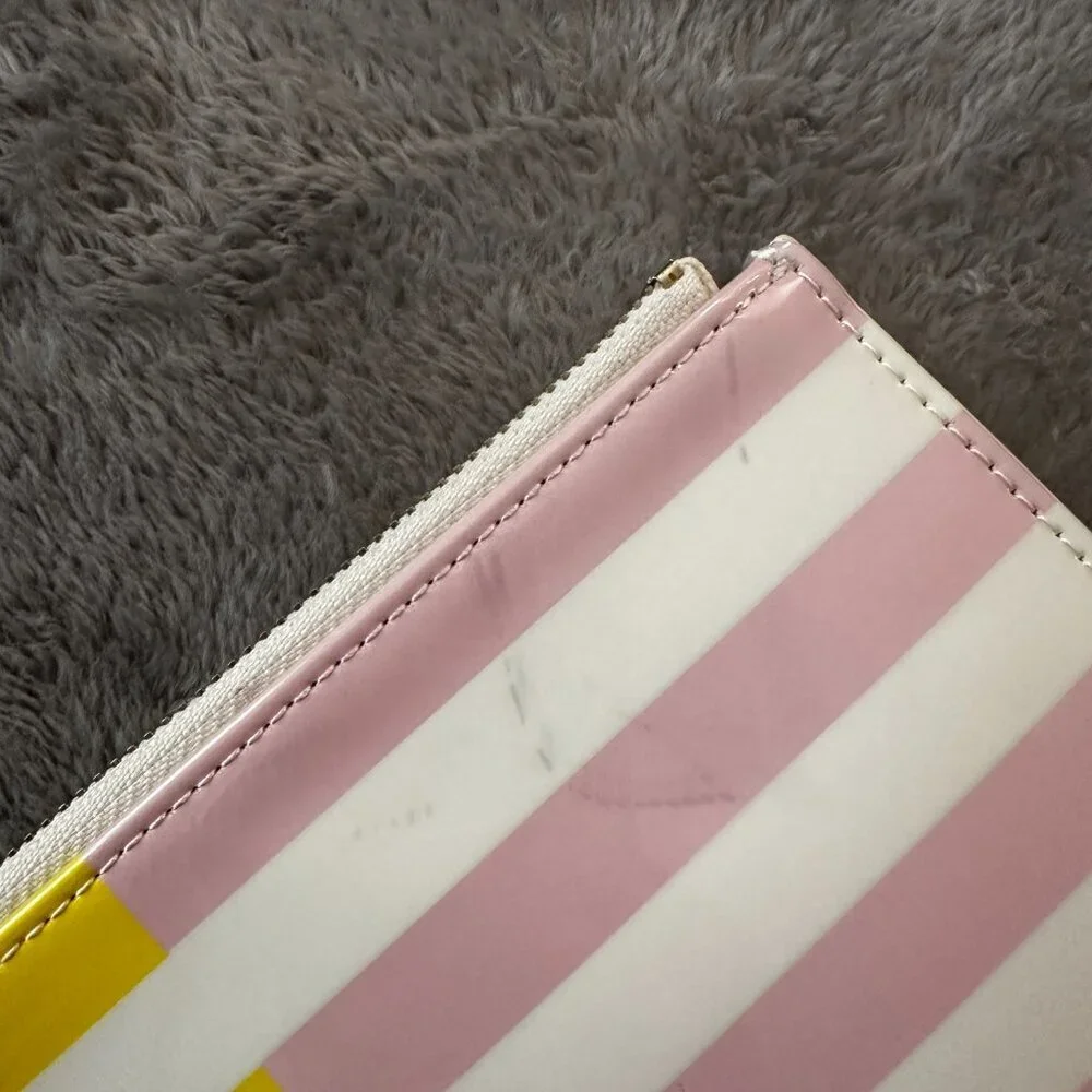 Kate Spade Yellow Pink Striped Zippered Pencil Pouch Cosmetic Bag Case